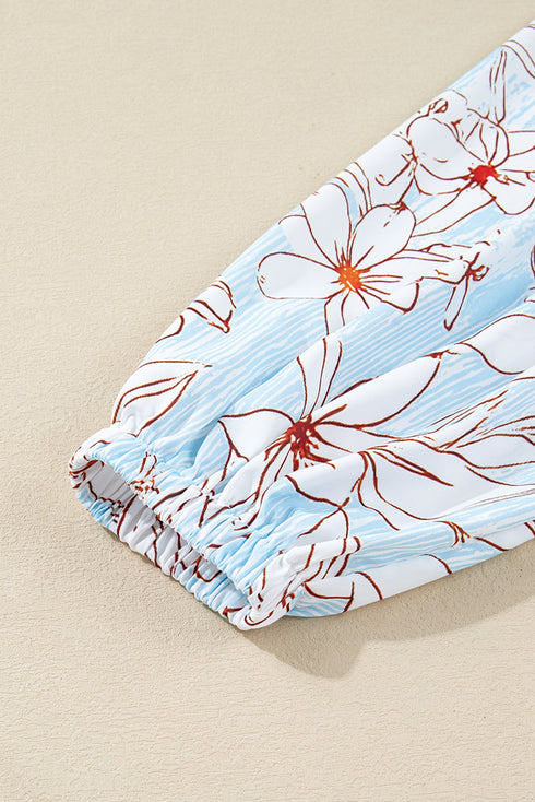 Pinstripe Floral Outline Ruffled Split Neck Long Sleeve Mini Dress